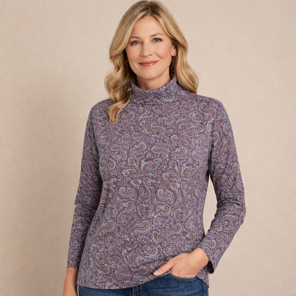 Lands' End Tops - Lands End Turtleneck Women's 1X (16W-18W) Blue Purple Paisley Thermal Vintage